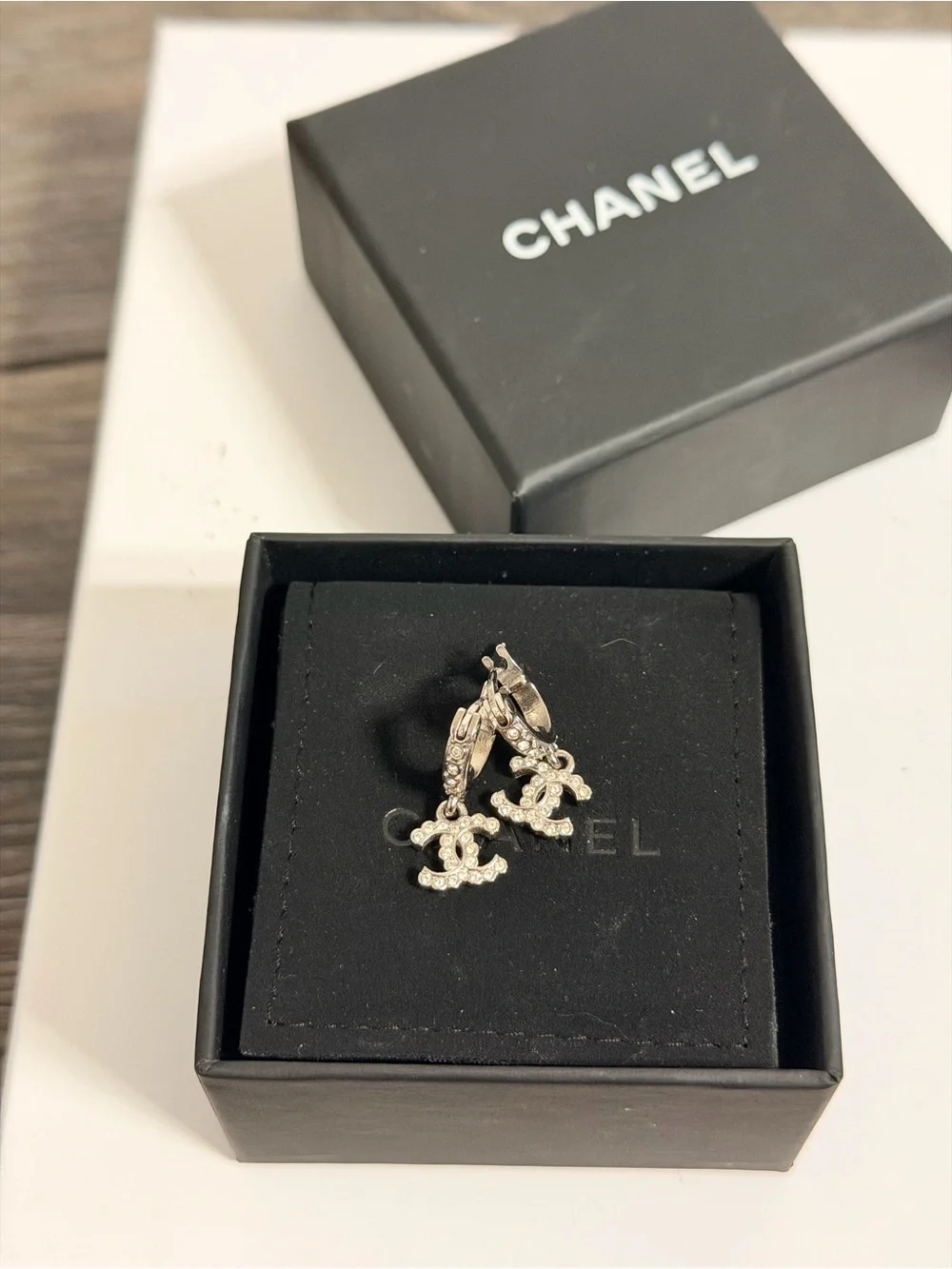 CHANEL Silver Crystal CC Dangle Earrings